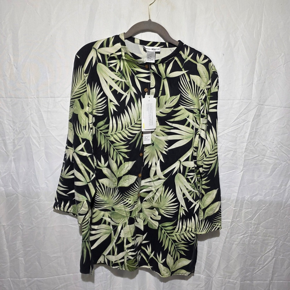 Kriss Kross Silk Tropical Palm Leaf Tunic Blouse Black Green Size 12 NWT 1310101